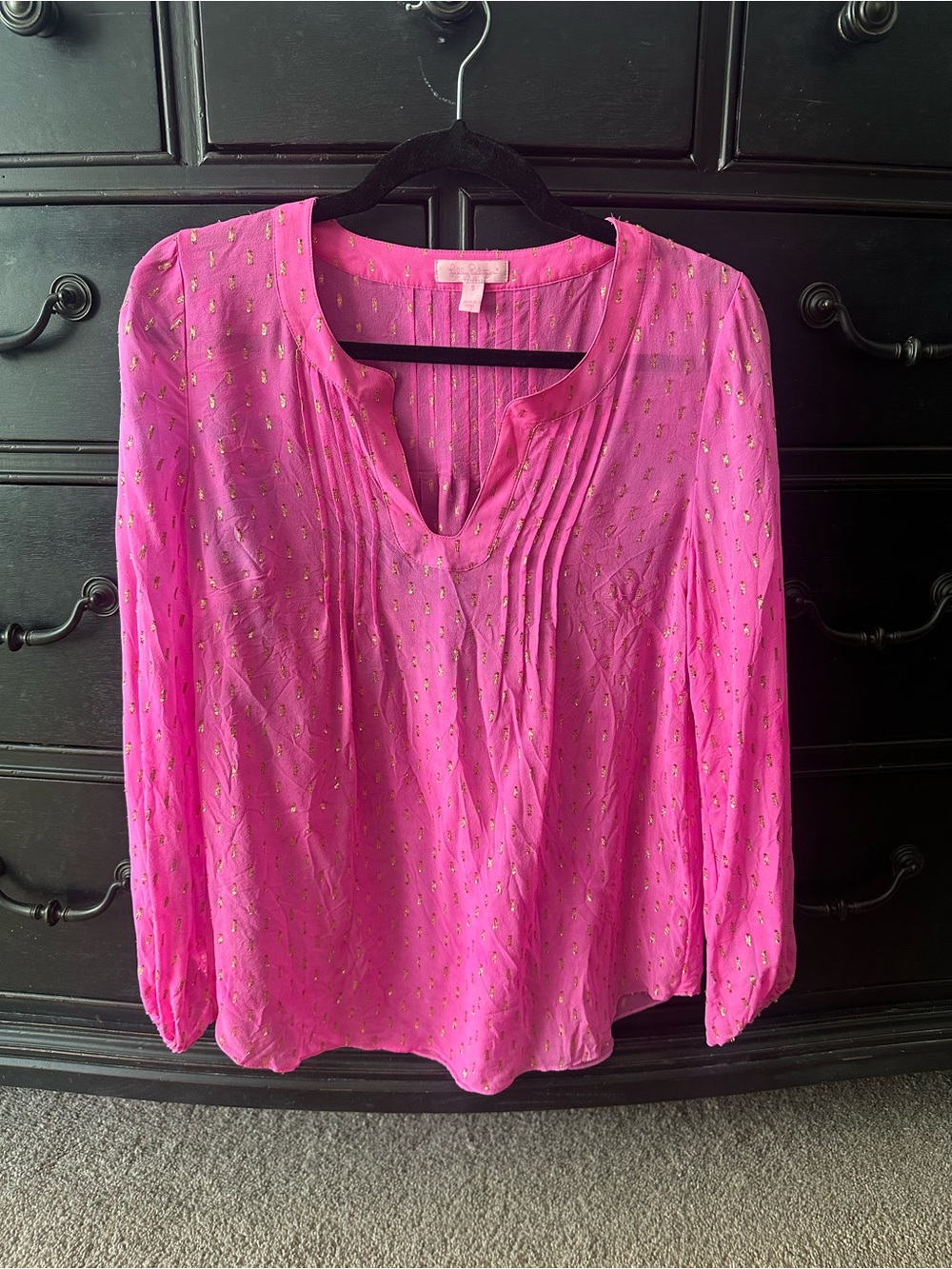 Lilly Pulitzer Hot Pink Metallic Dot Pintuck Blouse
